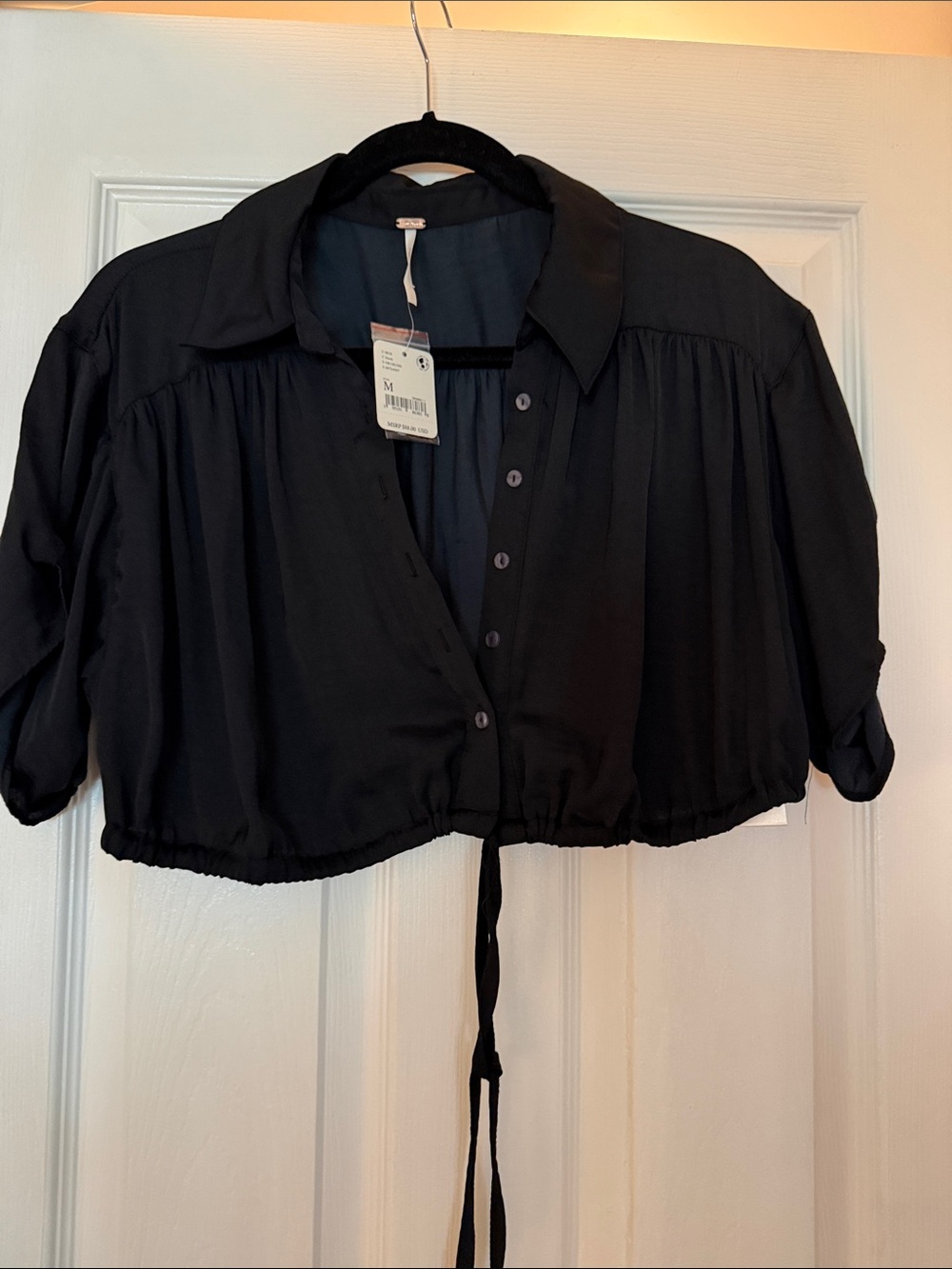 Free People cropped satin Black Button-Front Tie-Waist Top